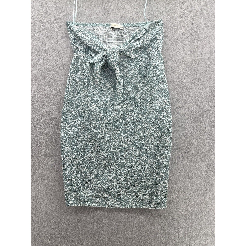 O. Vianca Women's Strapless Dress Smocked Green Micro Floral Tie Front Large